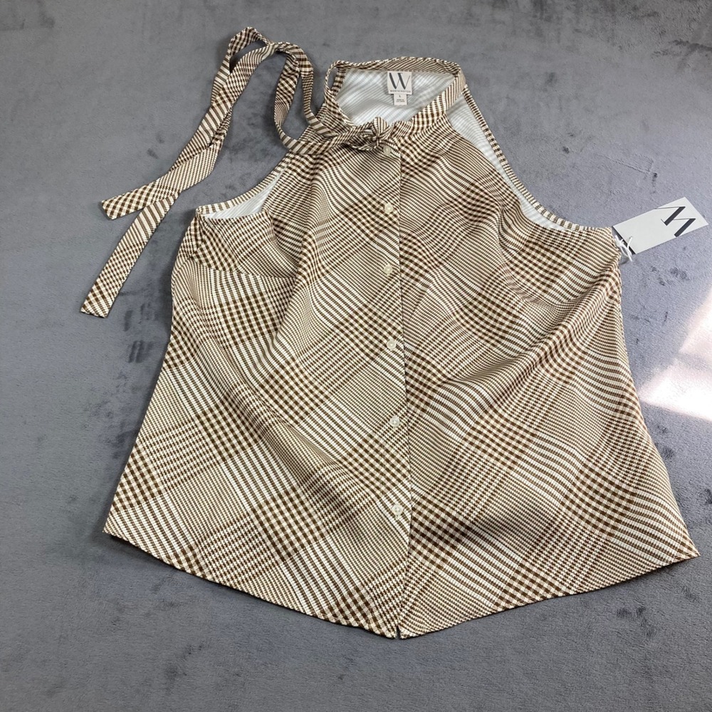 Worthington Brown Glen Plaid Halter Neck Tie Top Button Front NWT Size L